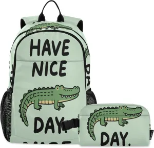 Kids Backpack Crocodile Have A Nice Day Boys Girls School Backpack with Lunch Bag Bookbag Set