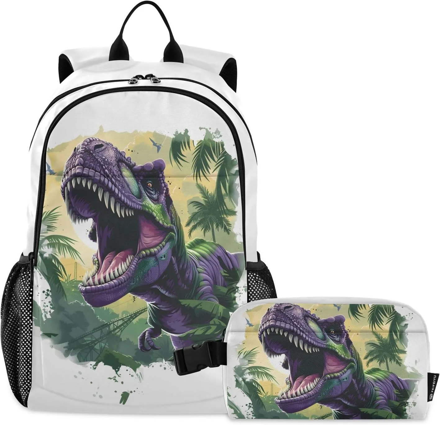 Kids Backpack Excited and Lovely Tyrannosaurus Rex Boys Girls School Backpack with Lunch Bag Bookbag Set