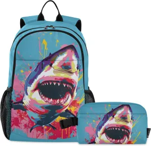 Kids Backpack Fiercely Shark Pop Art Boys Girls School Backpack with Lunch Bag Bookbag Set