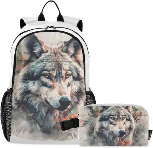 Kids Backpack Lovely Wolf Palm Animation Boys Girls School Backpack with Lunch Bag Bookbag Set