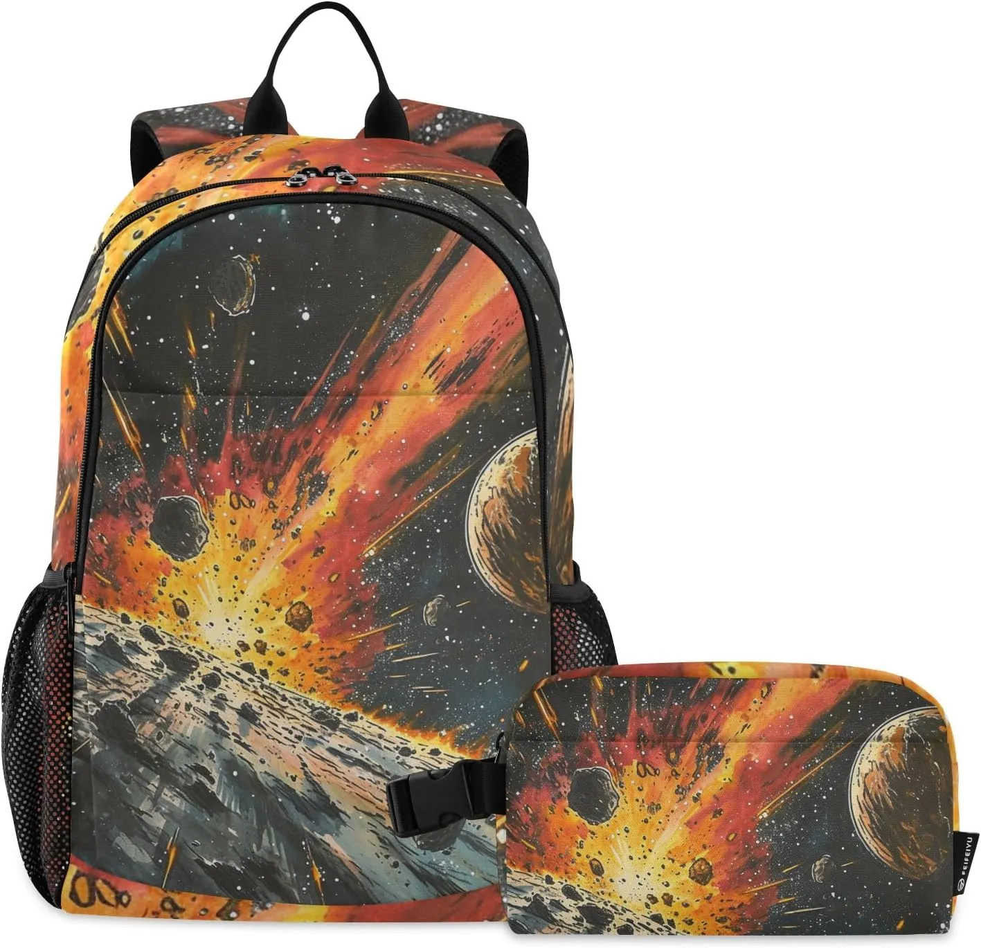 Kids Backpack Meteorite in Starry Sky Boys Girls School Backpack with Lunch Bag Bookbag Set