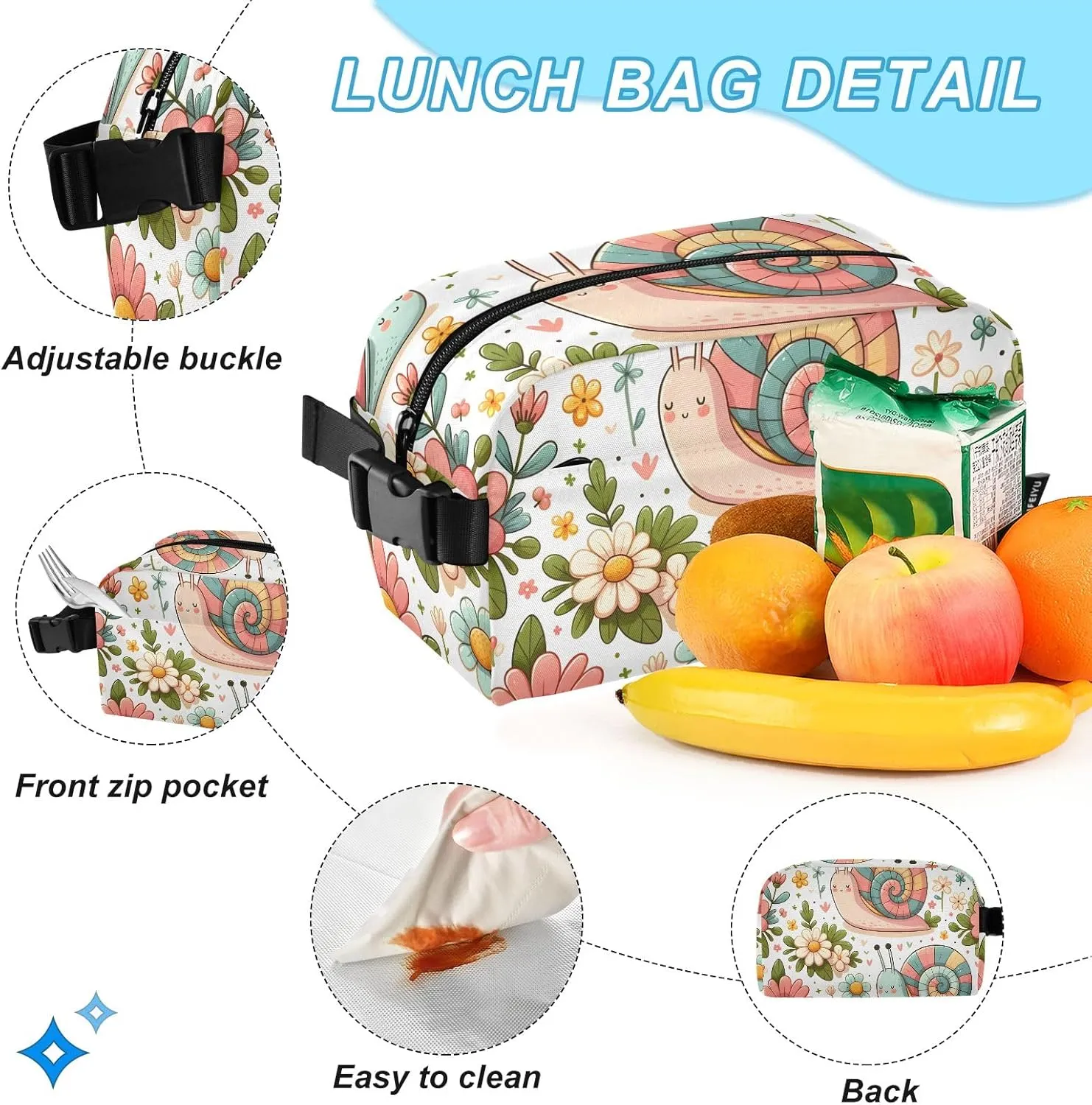 Kids Backpack Snail and Pink Flowers Boys Girls School Backpack with Lunch Bag Bookbag Set