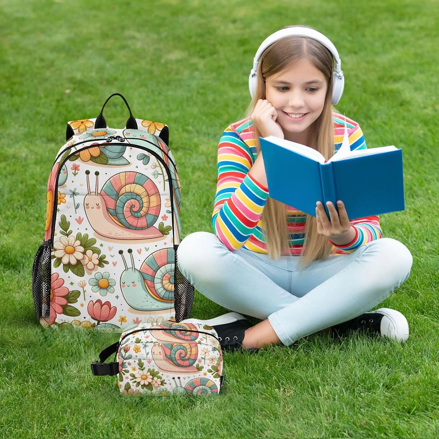 Kids Backpack Snail and Pink Flowers Boys Girls School Backpack with Lunch Bag Bookbag Set