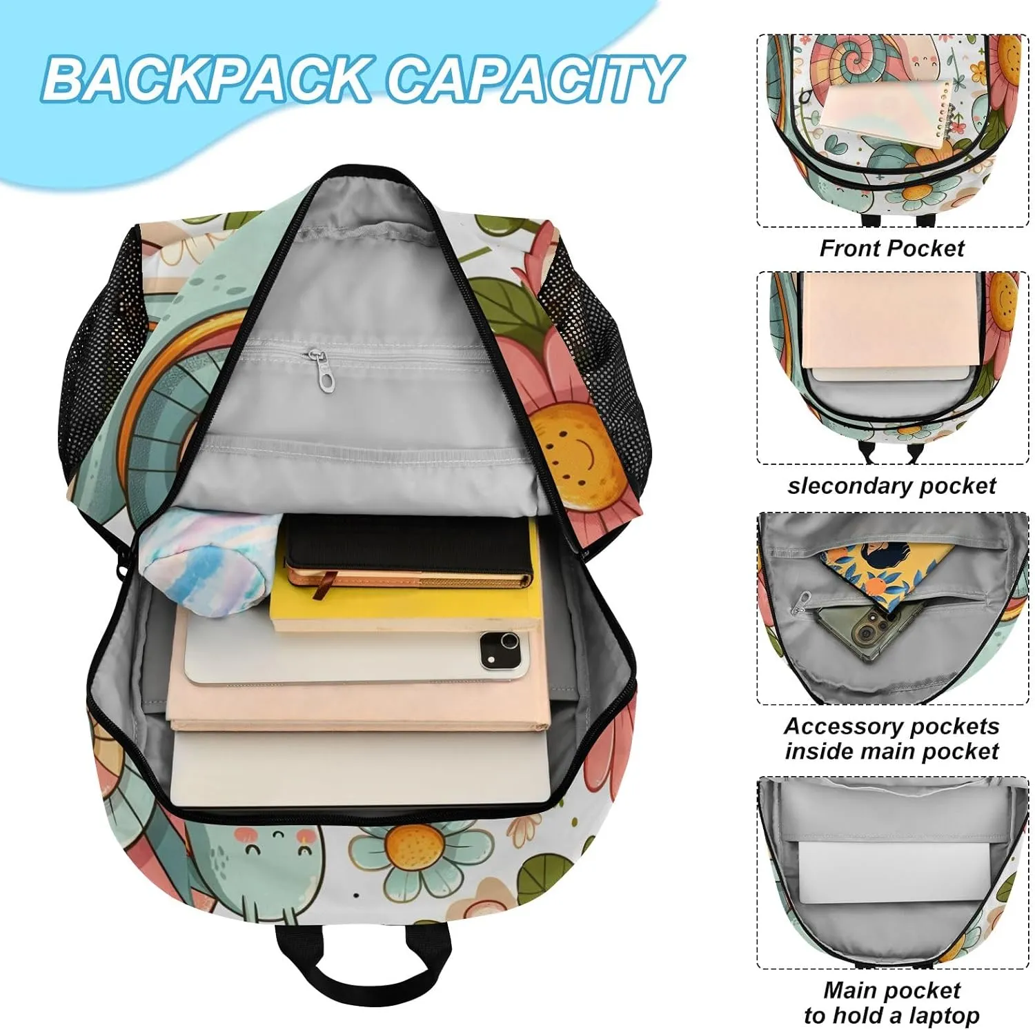 Kids Backpack Snail and Pink Flowers Boys Girls School Backpack with Lunch Bag Bookbag Set