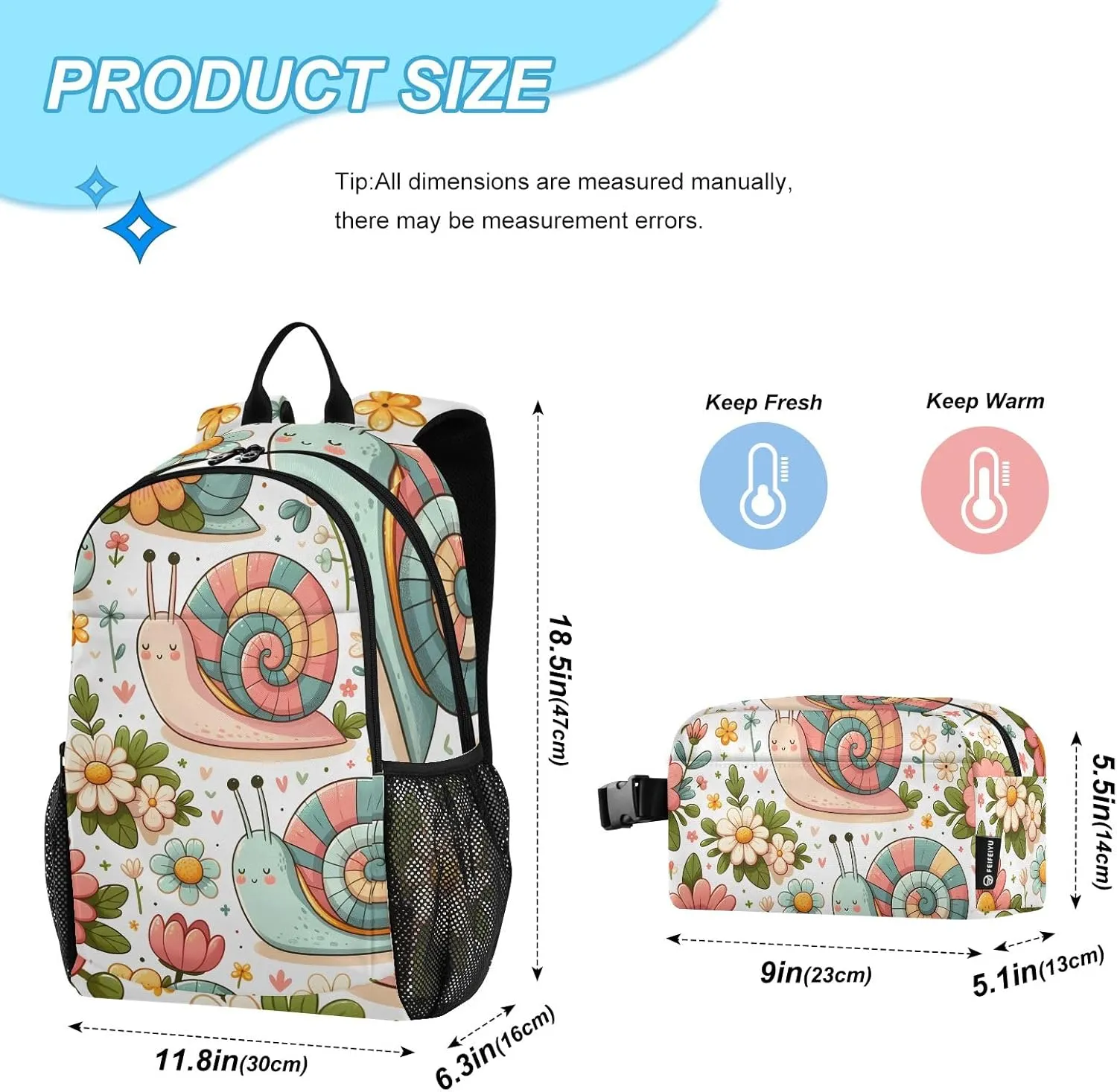 Kids Backpack Snail and Pink Flowers Boys Girls School Backpack with Lunch Bag Bookbag Set
