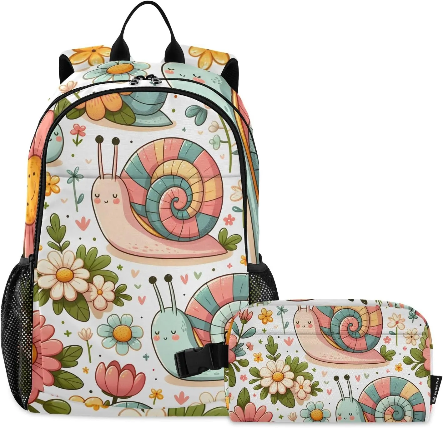 Kids Backpack Snail and Pink Flowers Boys Girls School Backpack with Lunch Bag Bookbag Set