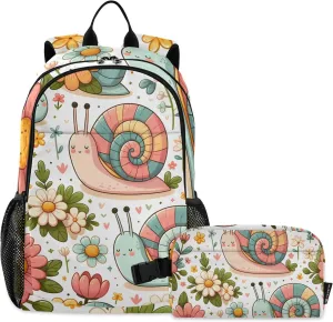 Kids Backpack Snail and Pink Flowers Boys Girls School Backpack with Lunch Bag Bookbag Set