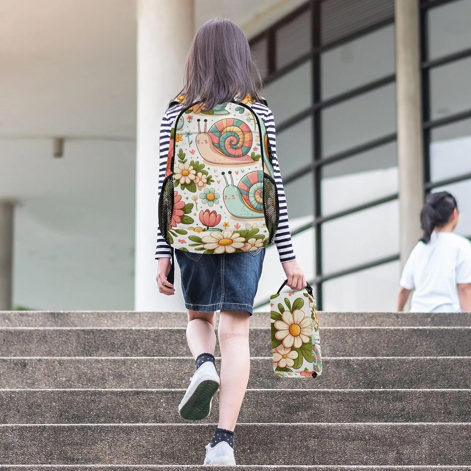 Kids Backpack Snail and Pink Flowers Boys Girls School Backpack with Lunch Bag Bookbag Set