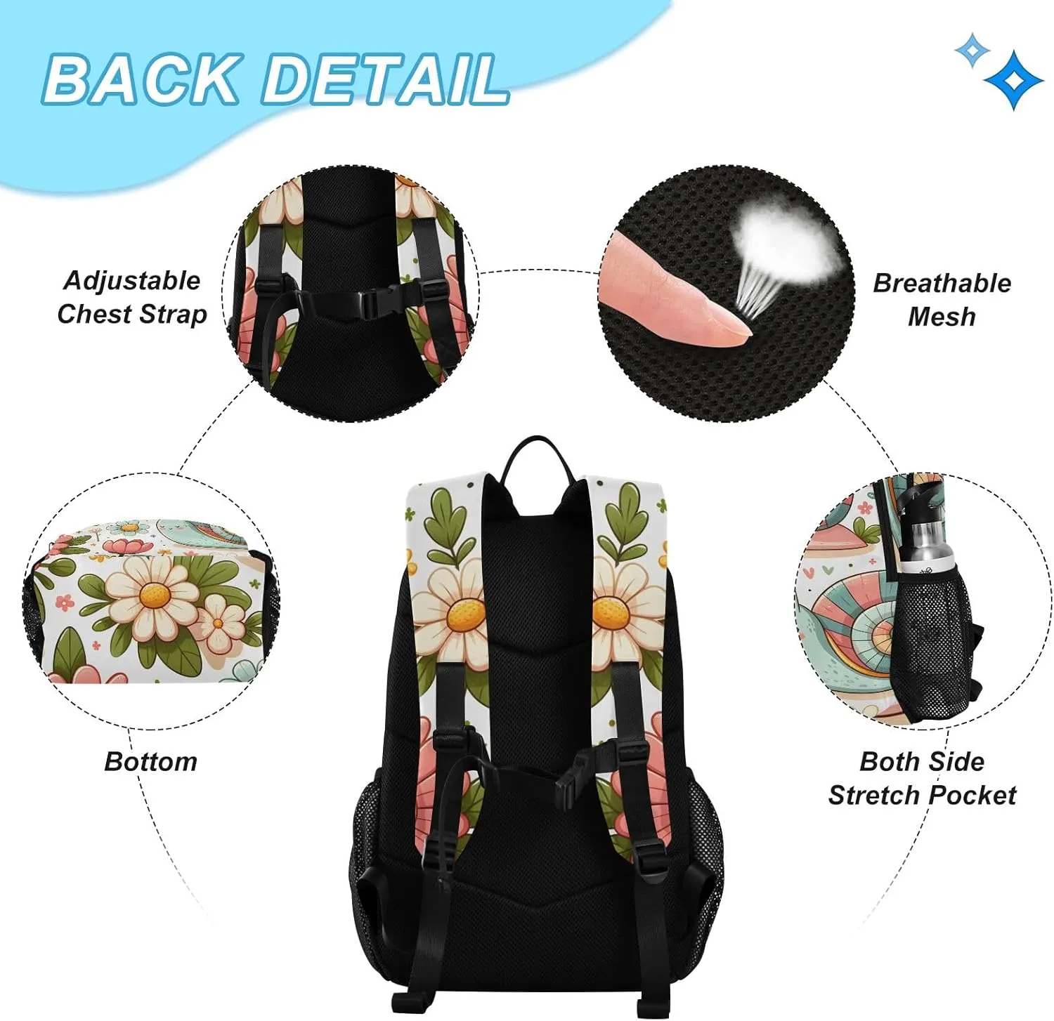 Kids Backpack Snail and Pink Flowers Boys Girls School Backpack with Lunch Bag Bookbag Set