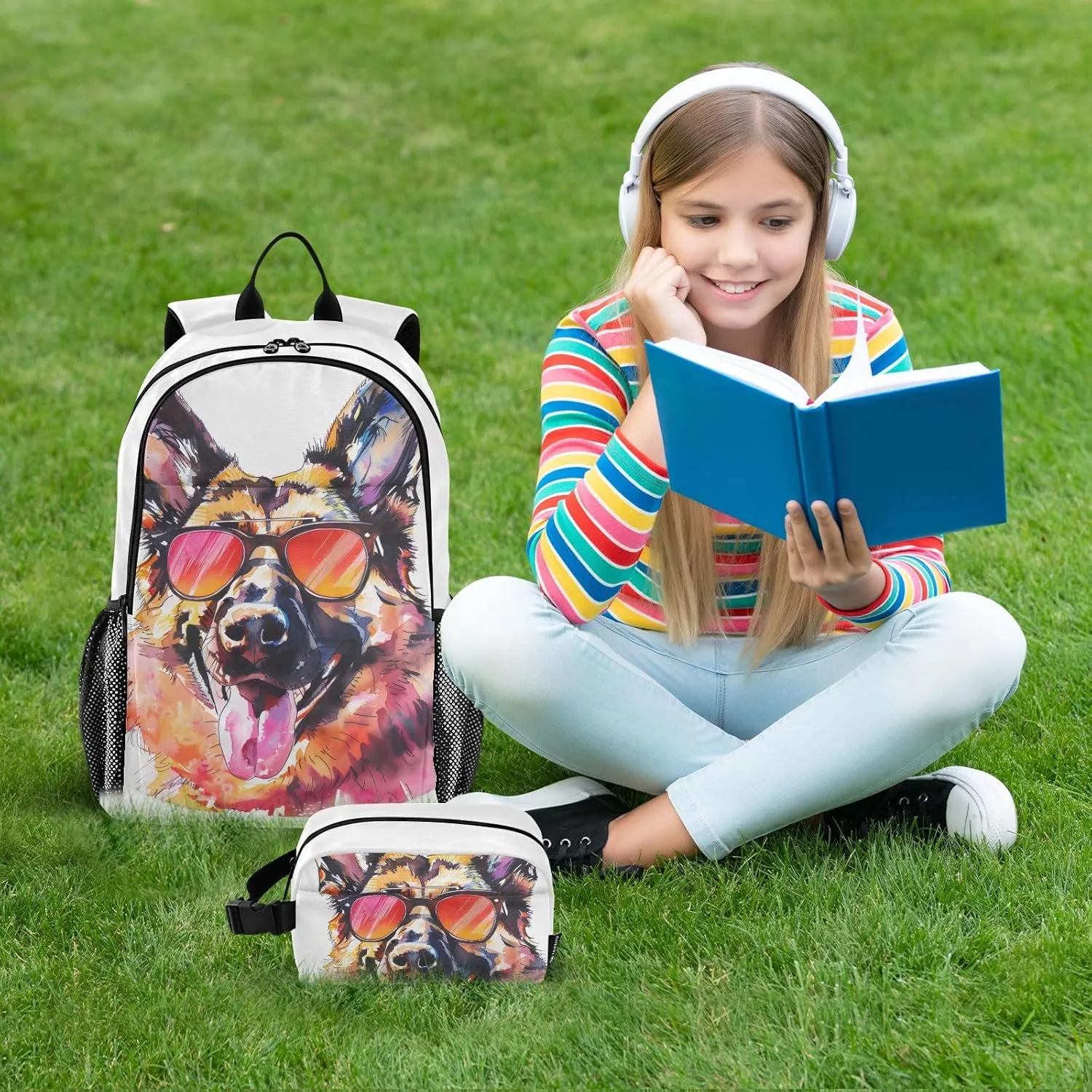 Kids Backpack Watercolour Dog Head Of German Shepherd Boys Girls School Backpack with Lunch Bag Bookbag Set