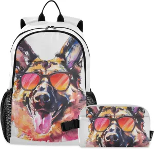 Kids Backpack Watercolour Dog Head Of German Shepherd Boys Girls School Backpack with Lunch Bag Bookbag Set