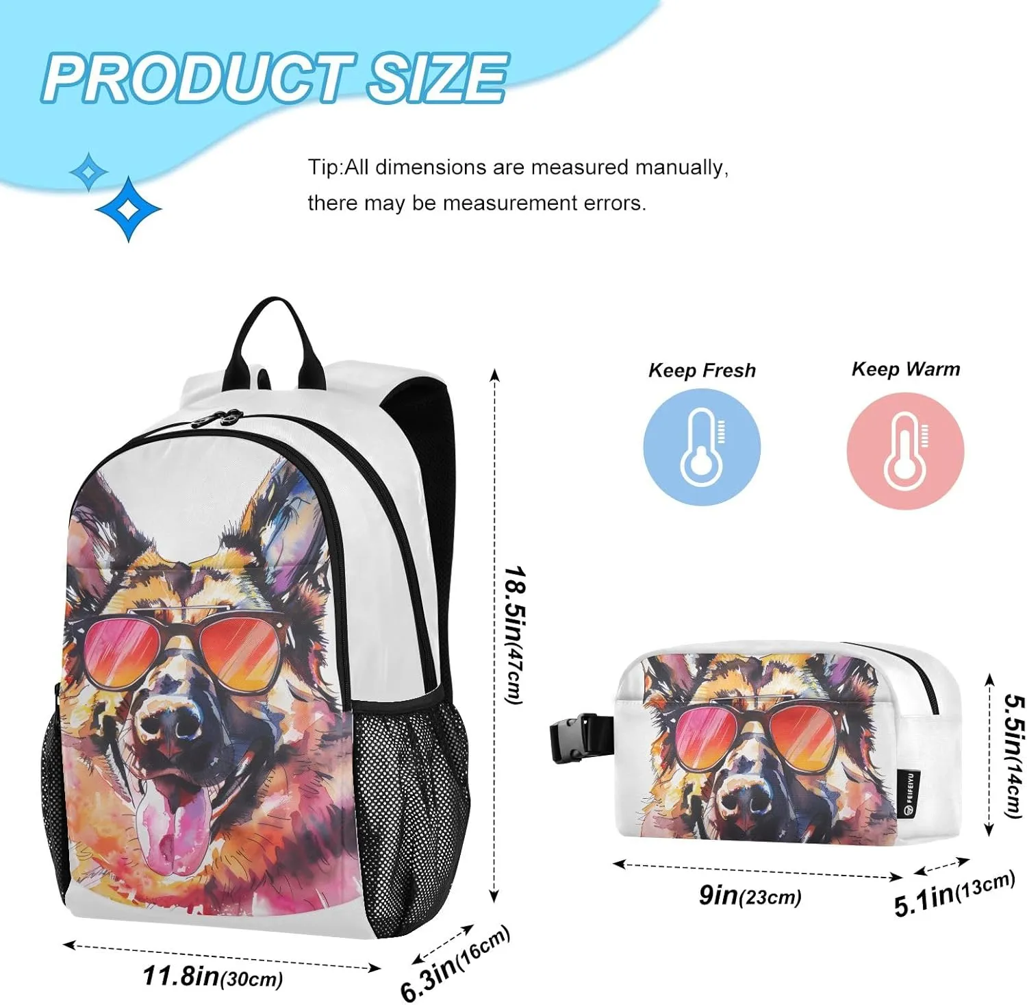 Kids Backpack Watercolour Dog Head Of German Shepherd Boys Girls School Backpack with Lunch Bag Bookbag Set