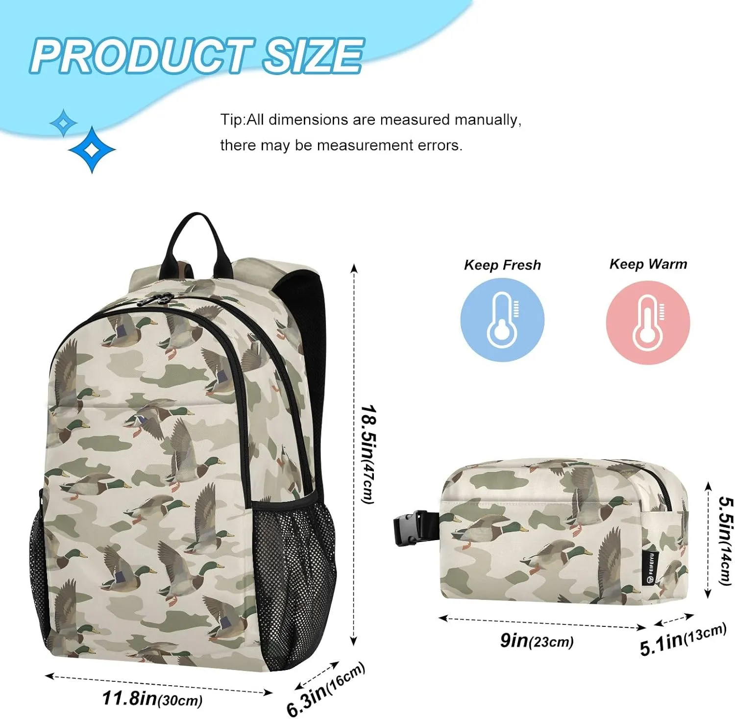 Kids Backpack Wild Duck on Camouflage Background Boys Girls School Backpack with Lunch Bag Bookbag Set