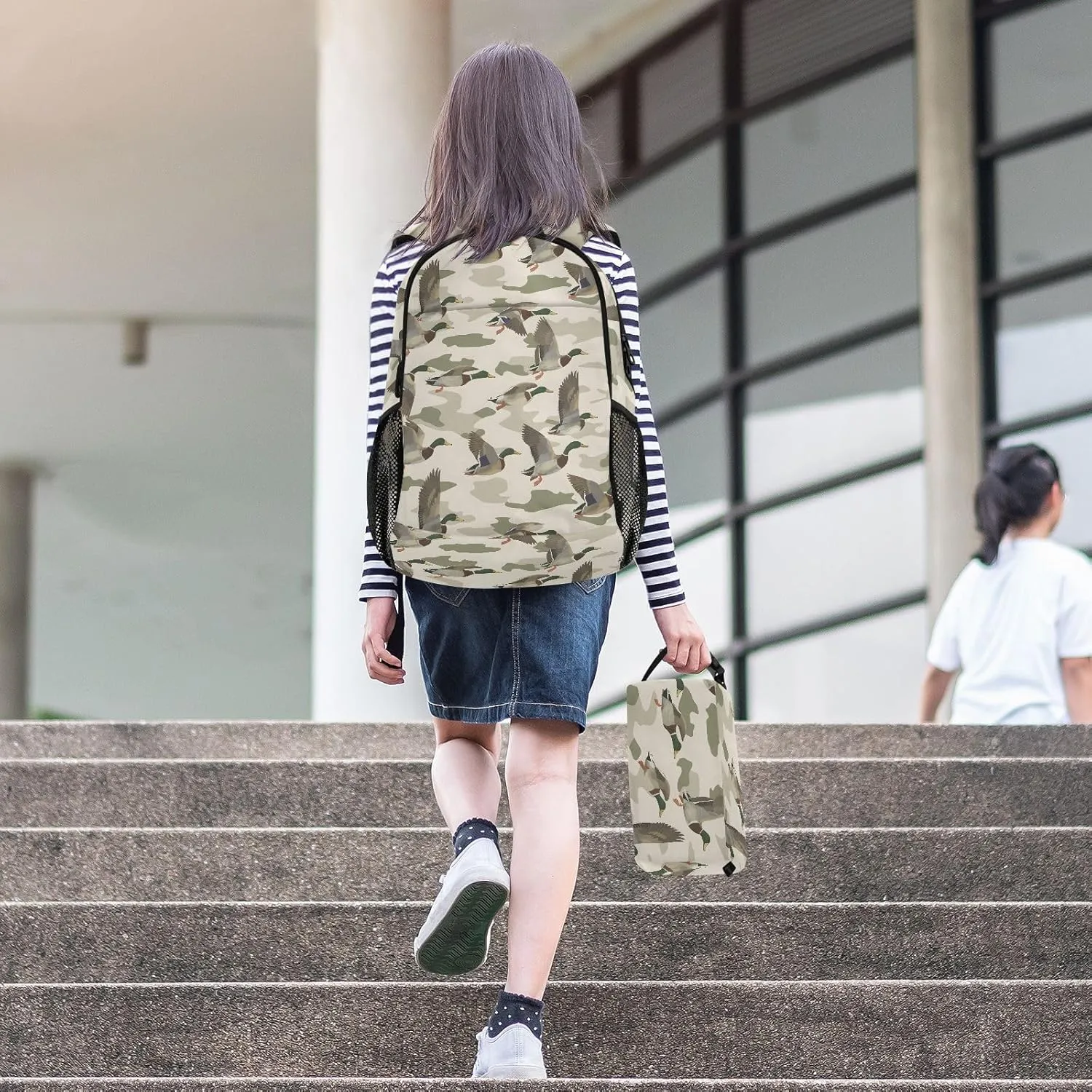 Kids Backpack Wild Duck on Camouflage Background Boys Girls School Backpack with Lunch Bag Bookbag Set