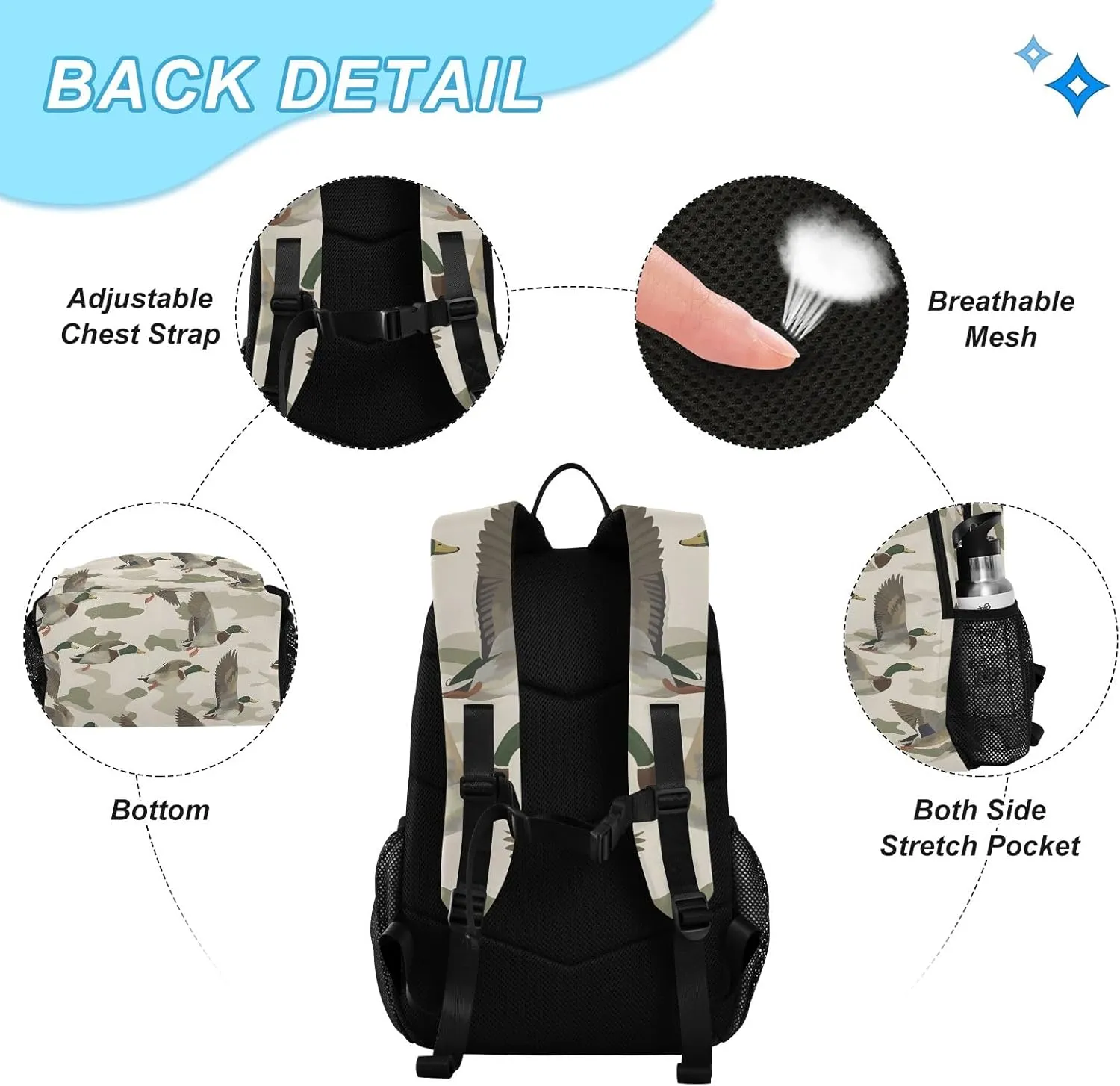Kids Backpack Wild Duck on Camouflage Background Boys Girls School Backpack with Lunch Bag Bookbag Set