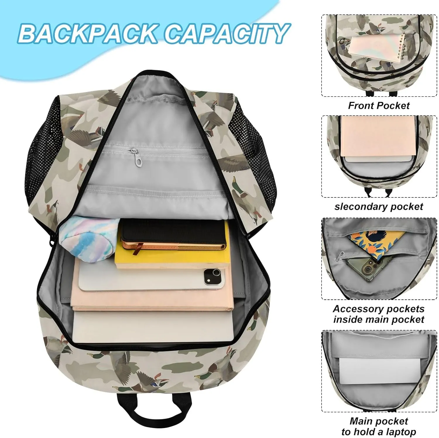 Kids Backpack Wild Duck on Camouflage Background Boys Girls School Backpack with Lunch Bag Bookbag Set
