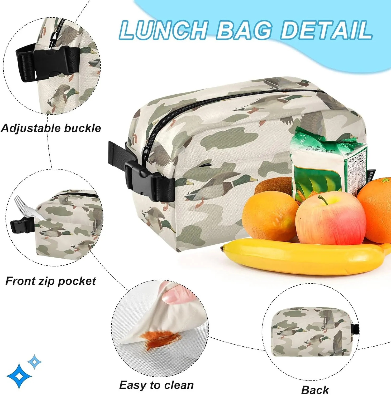 Kids Backpack Wild Duck on Camouflage Background Boys Girls School Backpack with Lunch Bag Bookbag Set