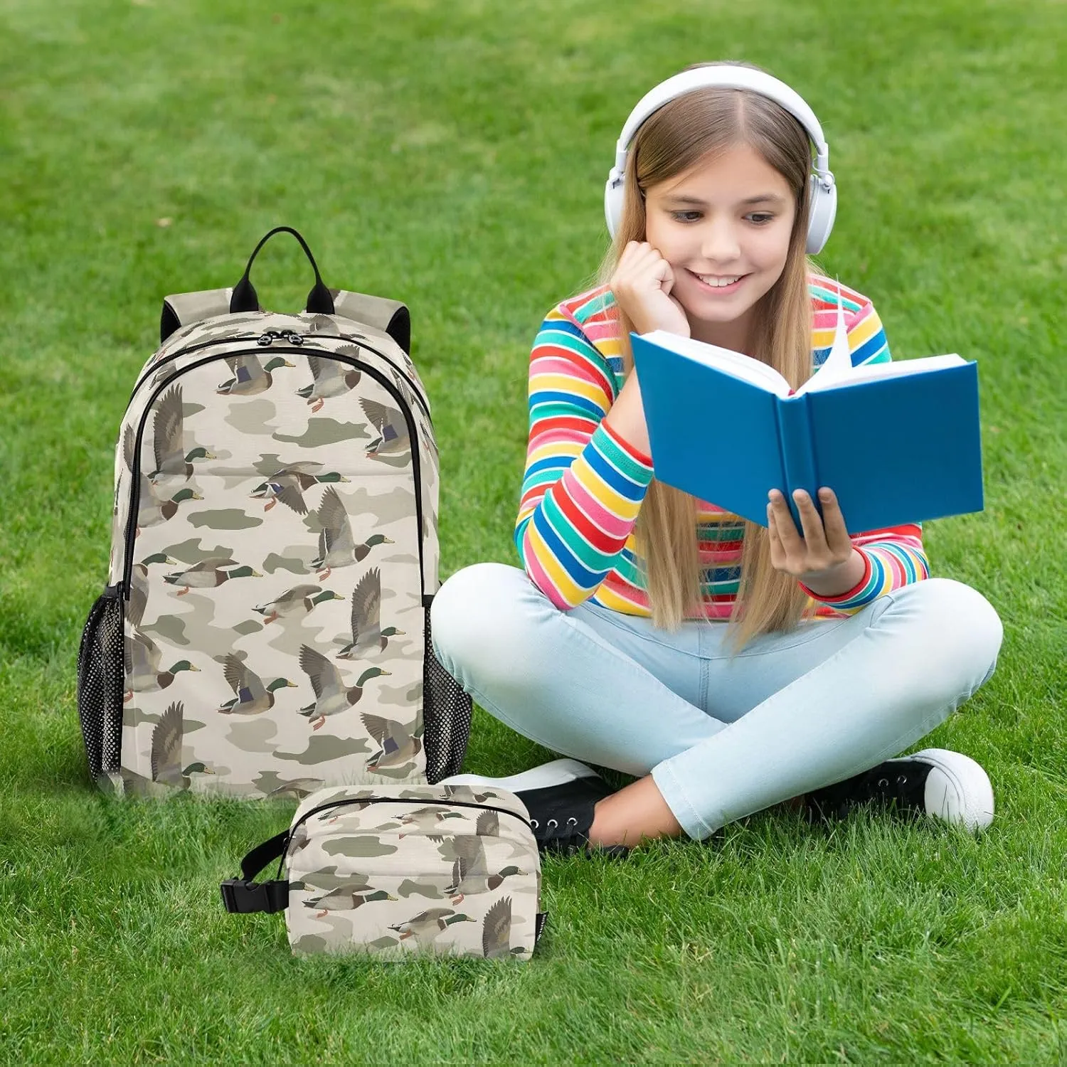 Kids Backpack Wild Duck on Camouflage Background Boys Girls School Backpack with Lunch Bag Bookbag Set