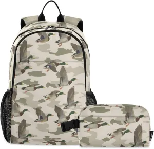 Kids Backpack Wild Duck on Camouflage Background Boys Girls School Backpack with Lunch Bag Bookbag Set