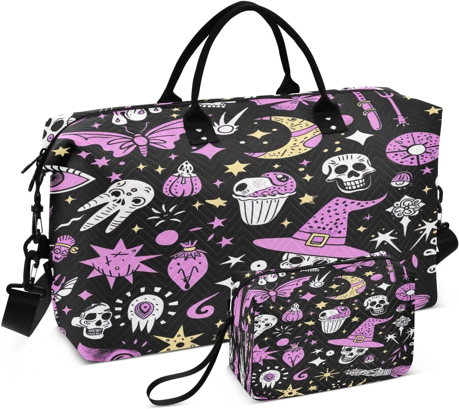 Kigai Halloween Skull Magic Travel Duffel Bags 2PCS,Sports Duffel Bags for Men Women,Weekender Overnight Bag Gym Tote Bag with Toiletry Bag