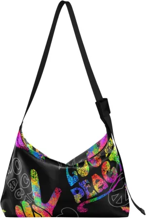 Kigai Rainbow Peace Love Sign Crossbody Bag Hobo Handbag Purse Fashion PU Leather Shoulder Bags for Women