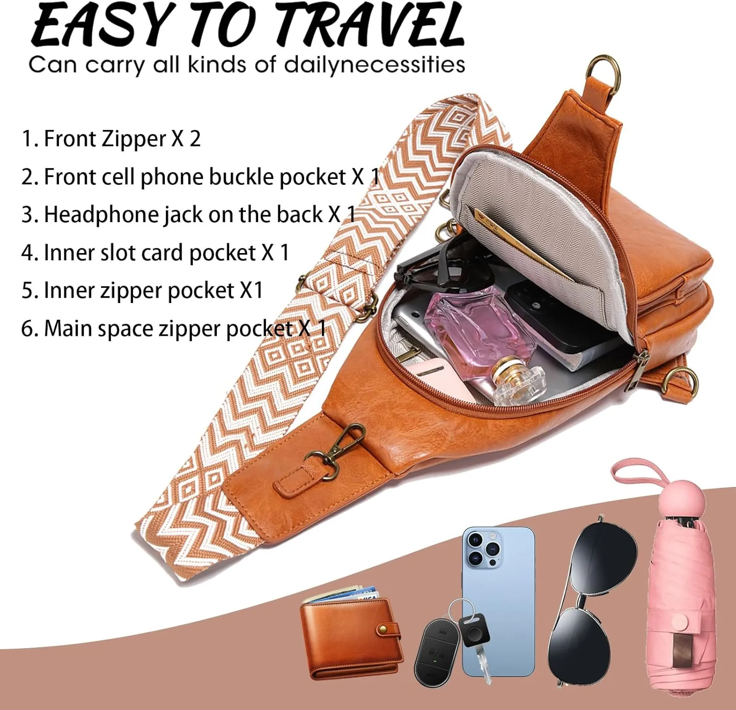 KlaOYer Sling Leather Bags For Women Crossbody Small Fanny Pack Purses Chest Bags With Guitar Strap For Gril Lady