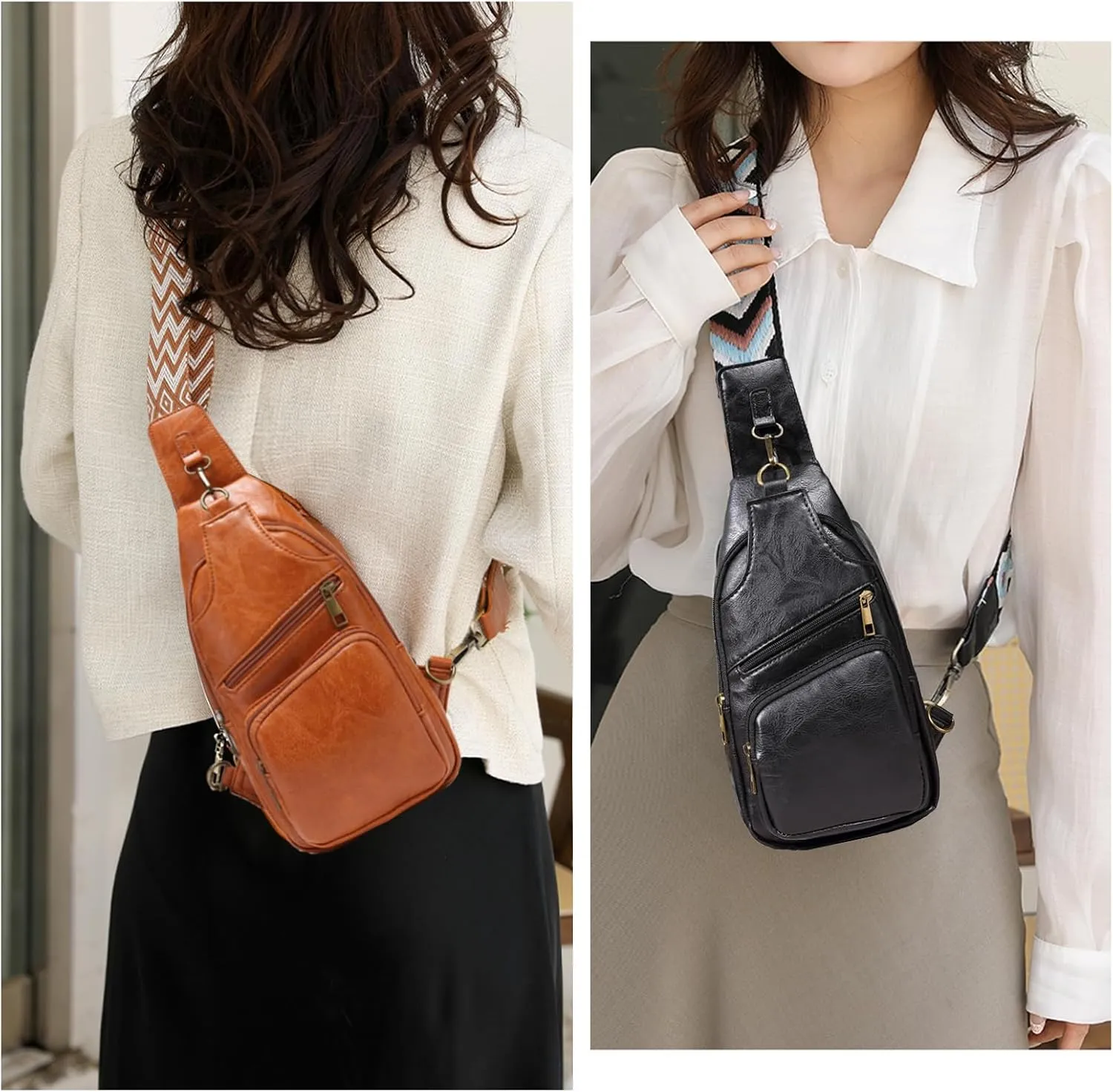 KlaOYer Sling Leather Bags For Women Crossbody Small Fanny Pack Purses Chest Bags With Guitar Strap For Gril Lady