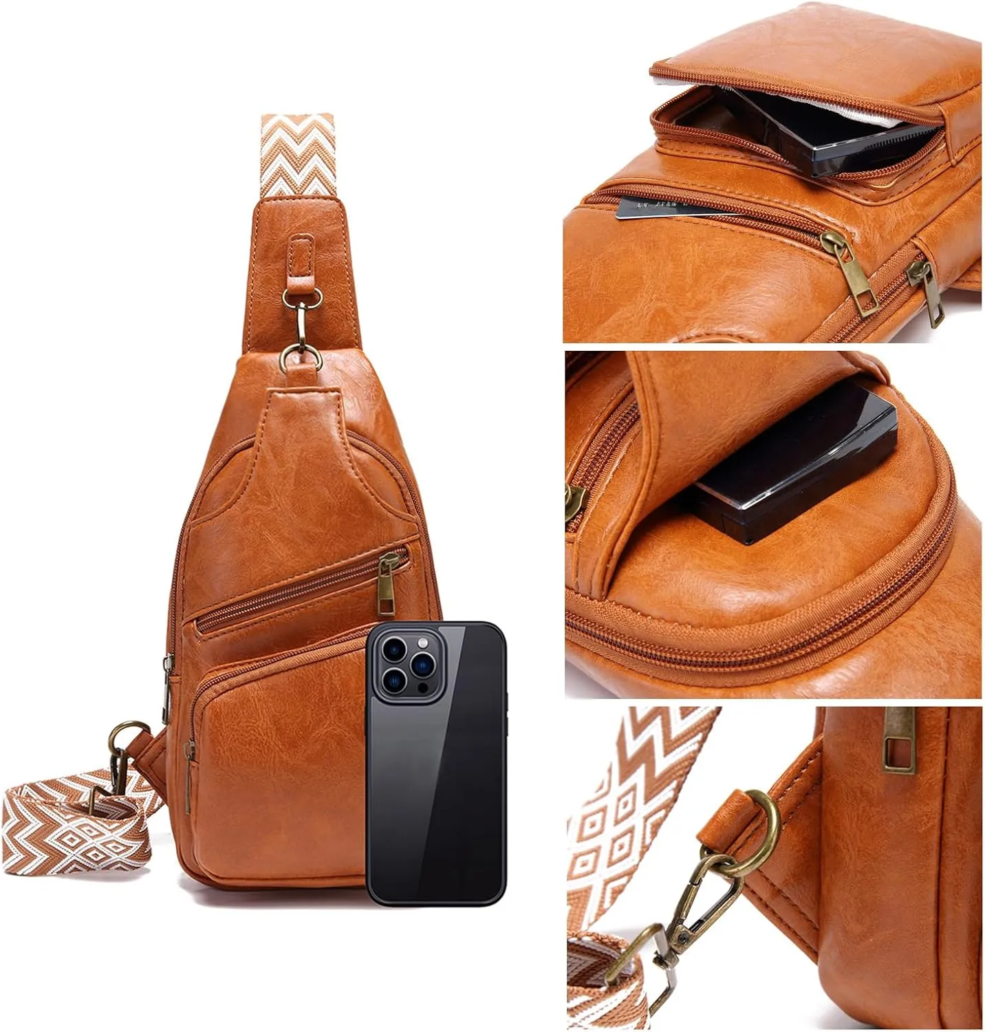 KlaOYer Sling Leather Bags For Women Crossbody Small Fanny Pack Purses Chest Bags With Guitar Strap For Gril Lady