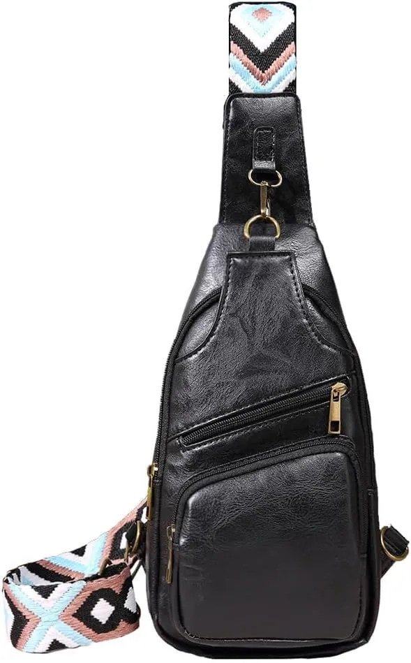 KlaOYer Sling Leather Bags For Women Crossbody Small Fanny Pack Purses Chest Bags With Guitar Strap For Gril Lady