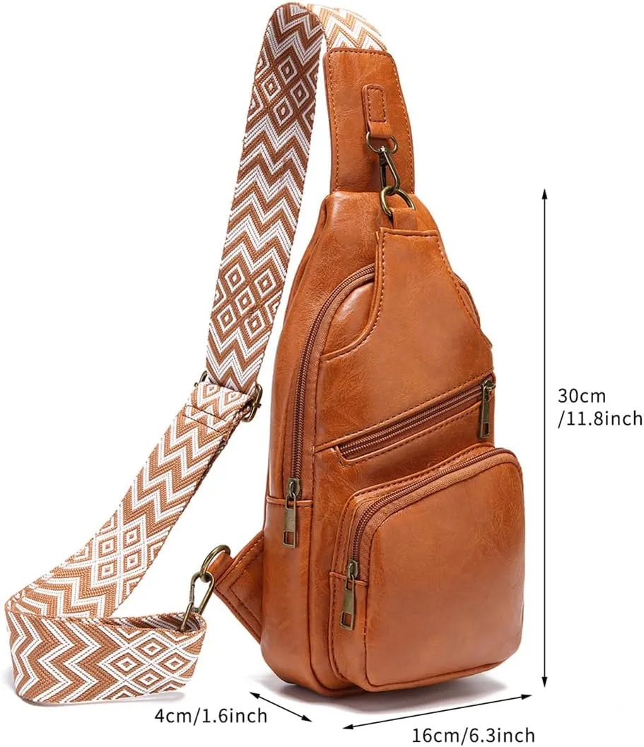 KlaOYer Sling Leather Bags For Women Crossbody Small Fanny Pack Purses Chest Bags With Guitar Strap For Gril Lady