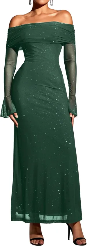 KUTUMAI Women Off Shoulder Bodycon Maxi Dress Long Sleeve Mesh Ruched Party Formal Wedding Guest Dresses