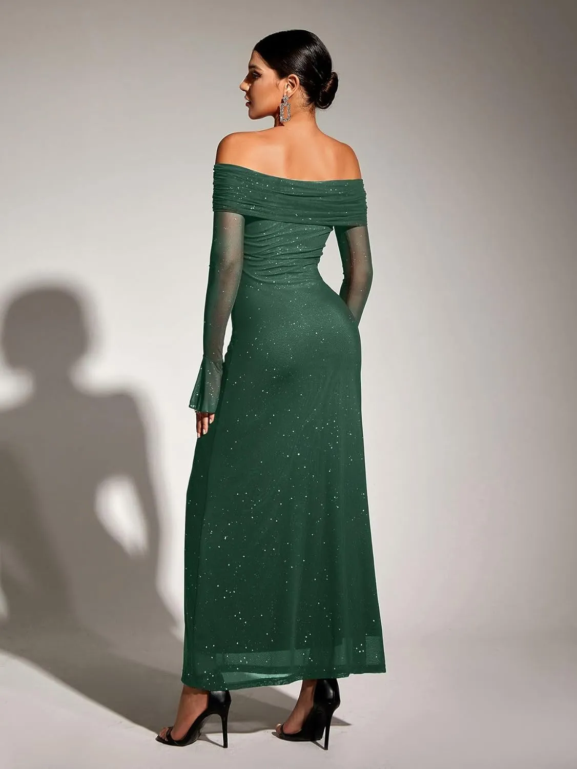KUTUMAI Women Off Shoulder Bodycon Maxi Dress Long Sleeve Mesh Ruched Party Formal Wedding Guest Dresses