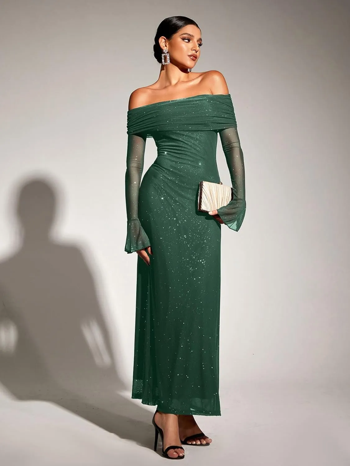 KUTUMAI Women Off Shoulder Bodycon Maxi Dress Long Sleeve Mesh Ruched Party Formal Wedding Guest Dresses