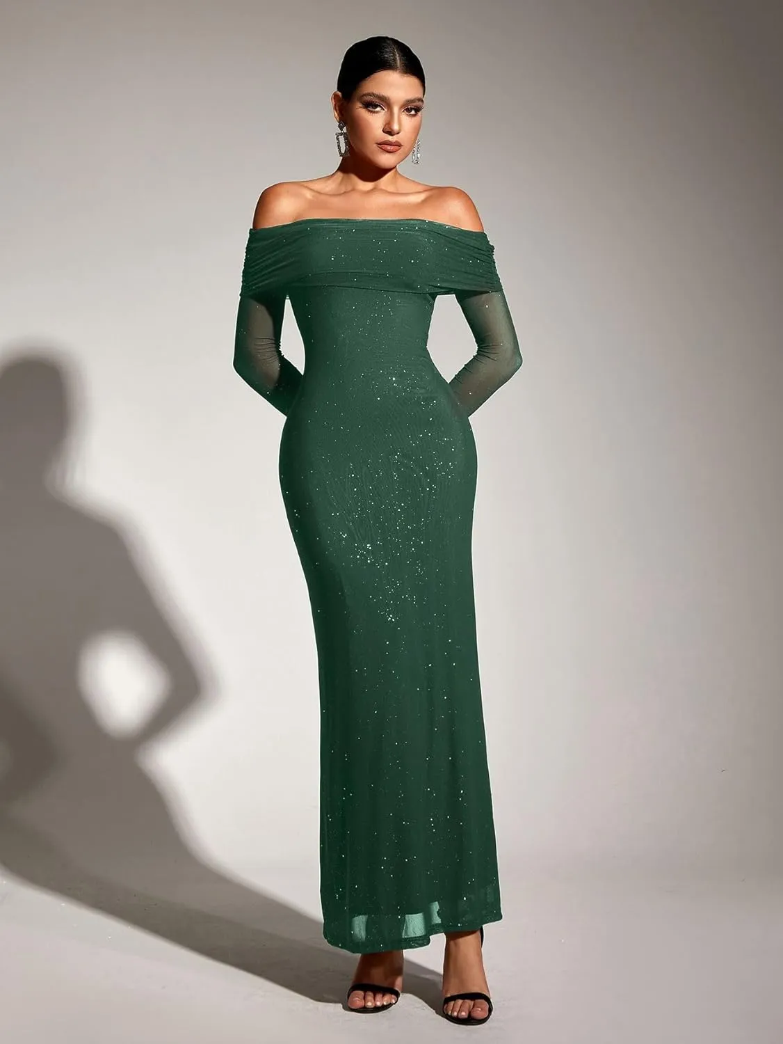 KUTUMAI Women Off Shoulder Bodycon Maxi Dress Long Sleeve Mesh Ruched Party Formal Wedding Guest Dresses
