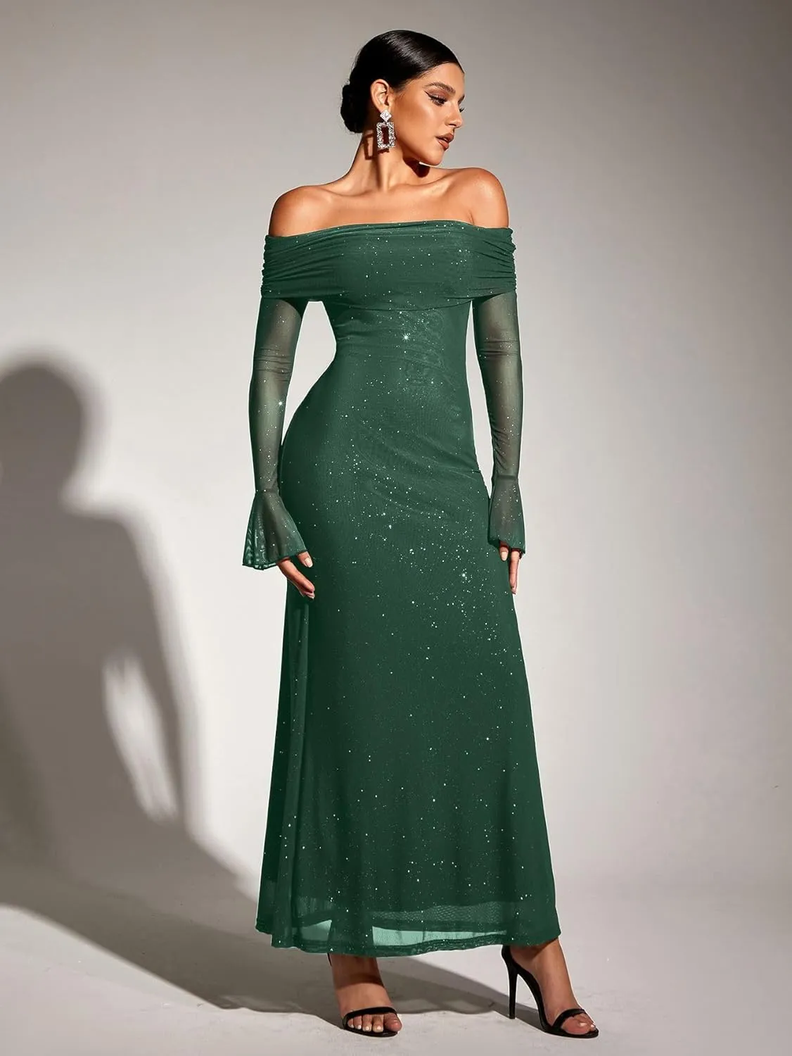 KUTUMAI Women Off Shoulder Bodycon Maxi Dress Long Sleeve Mesh Ruched Party Formal Wedding Guest Dresses