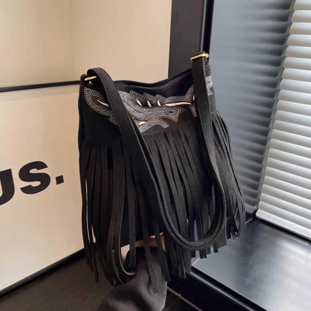 Ladies' retro embroidery bag, textured frosted tassel bag, ethnic style shoulder crossbody bag