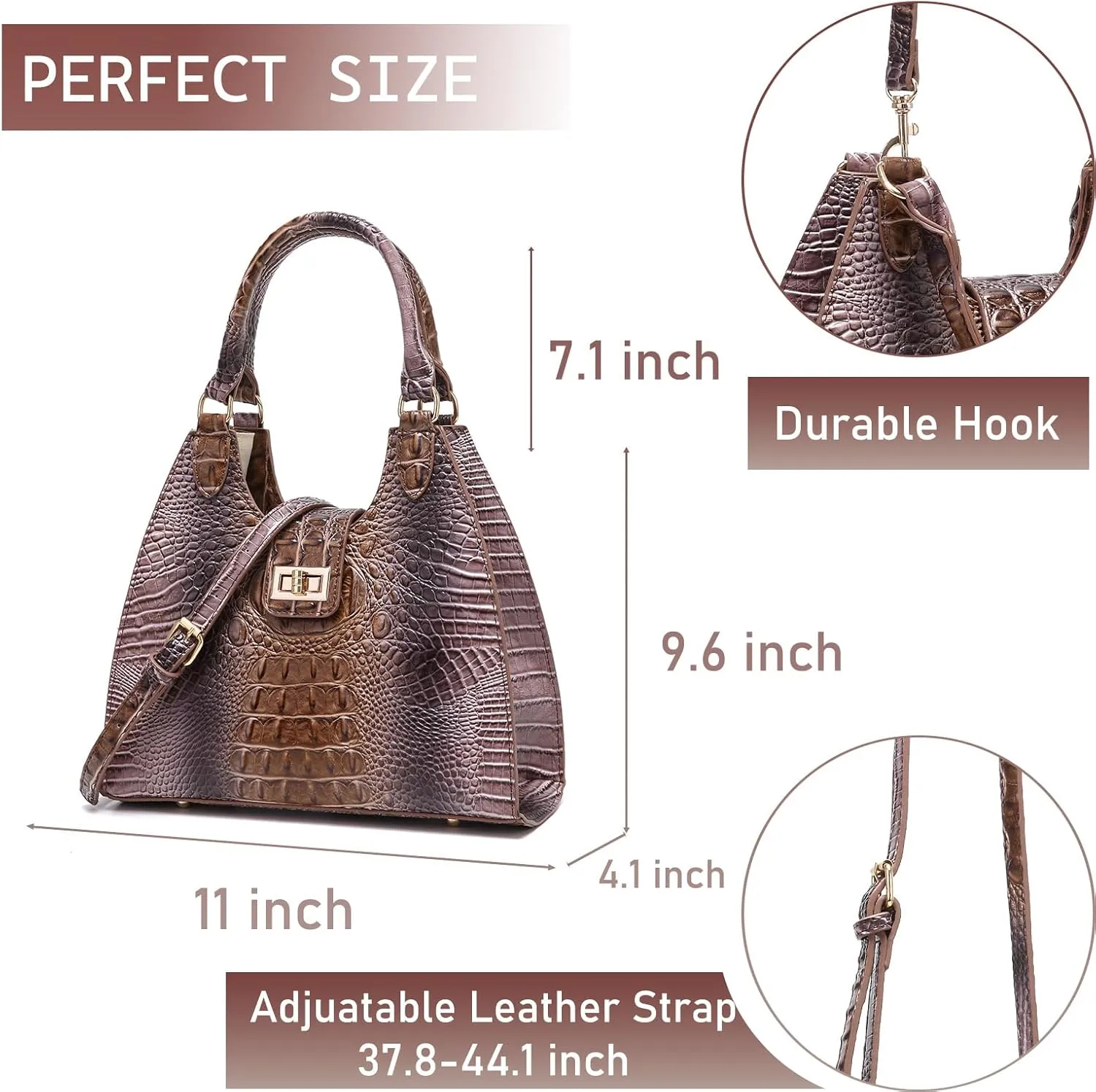 Ladies Tote Leather Bags for Women Crocodile Embossed Zipper Satchel Purse Classy Compartments Crossbody bag
