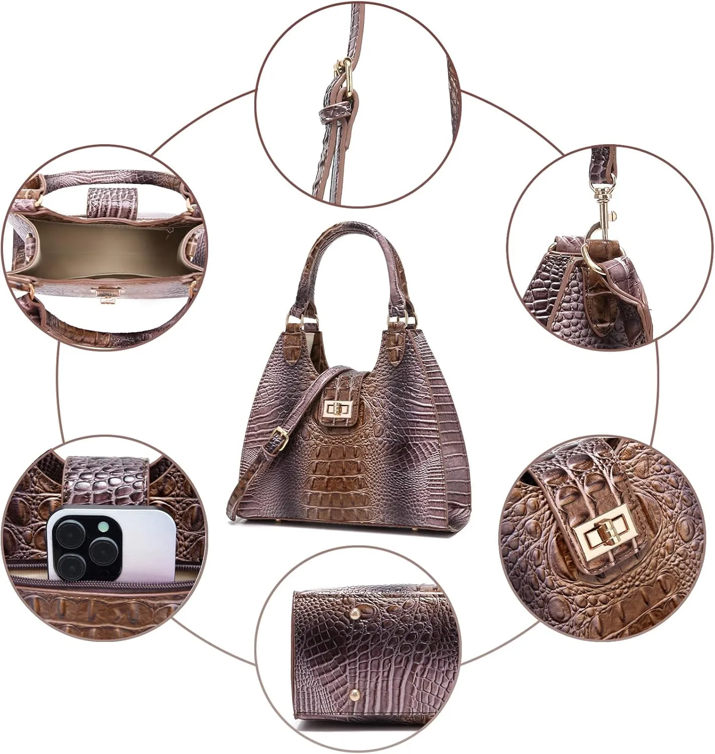 Ladies Tote Leather Bags for Women Crocodile Embossed Zipper Satchel Purse Classy Compartments Crossbody bag