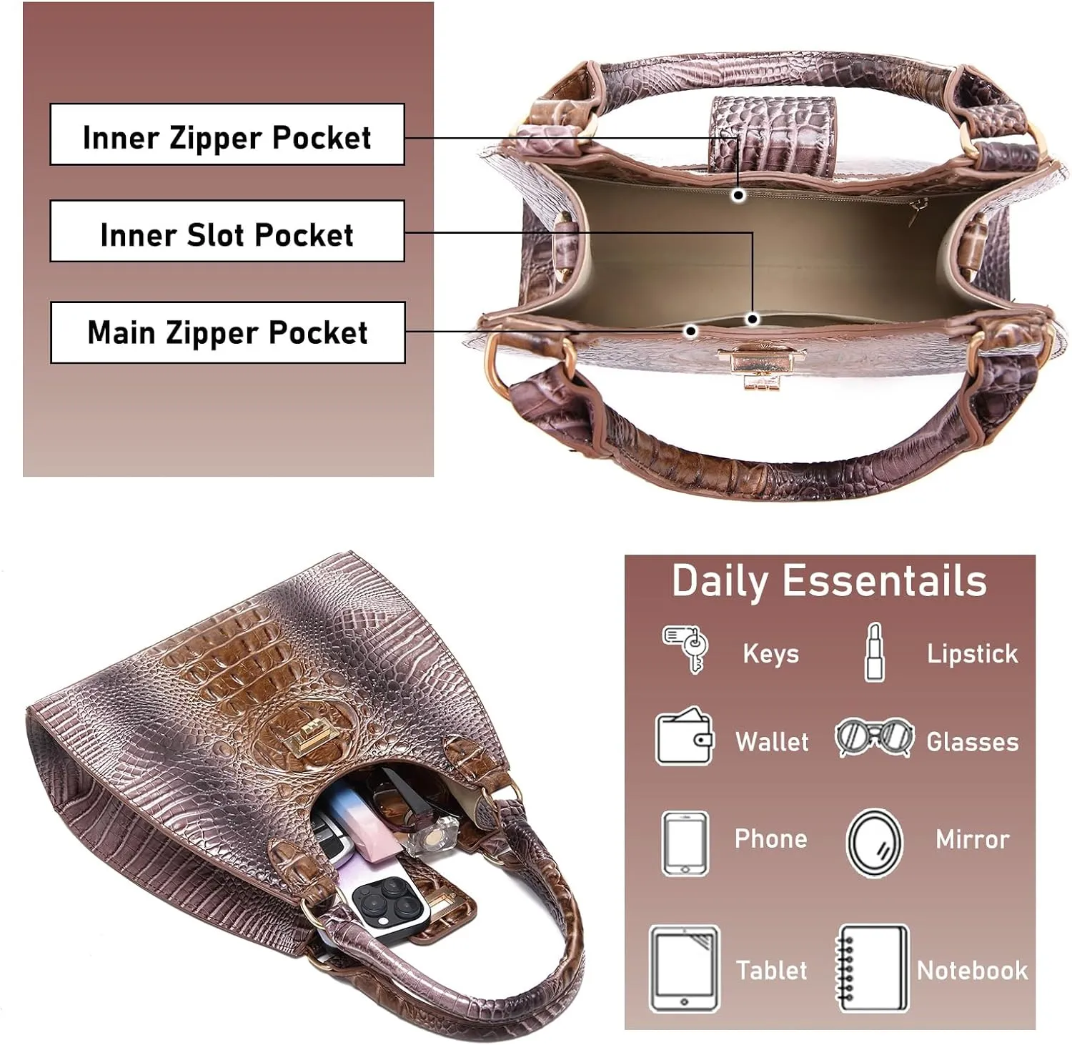 Ladies Tote Leather Bags for Women Crocodile Embossed Zipper Satchel Purse Classy Compartments Crossbody bag