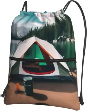 Lake Camping Drawstring Backpack - Full Print Gym Sackpack for Sports, Yoga, Dance, Travel, and Hiking