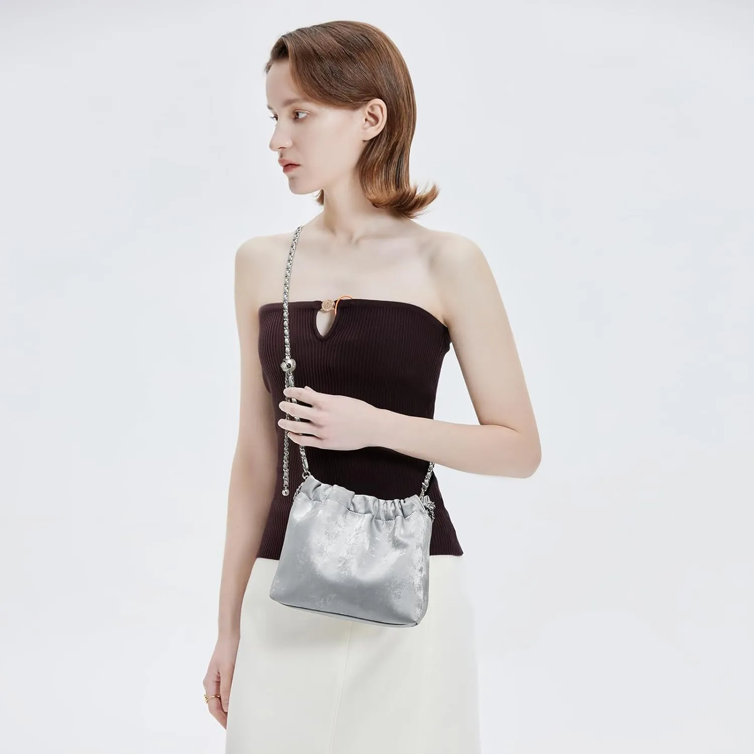 LAORENTOU Suede Designer Crossbody Bag for Women, Bucket Style Shoulder Bag for Ladies, Medium Size Purse with Chain Strap