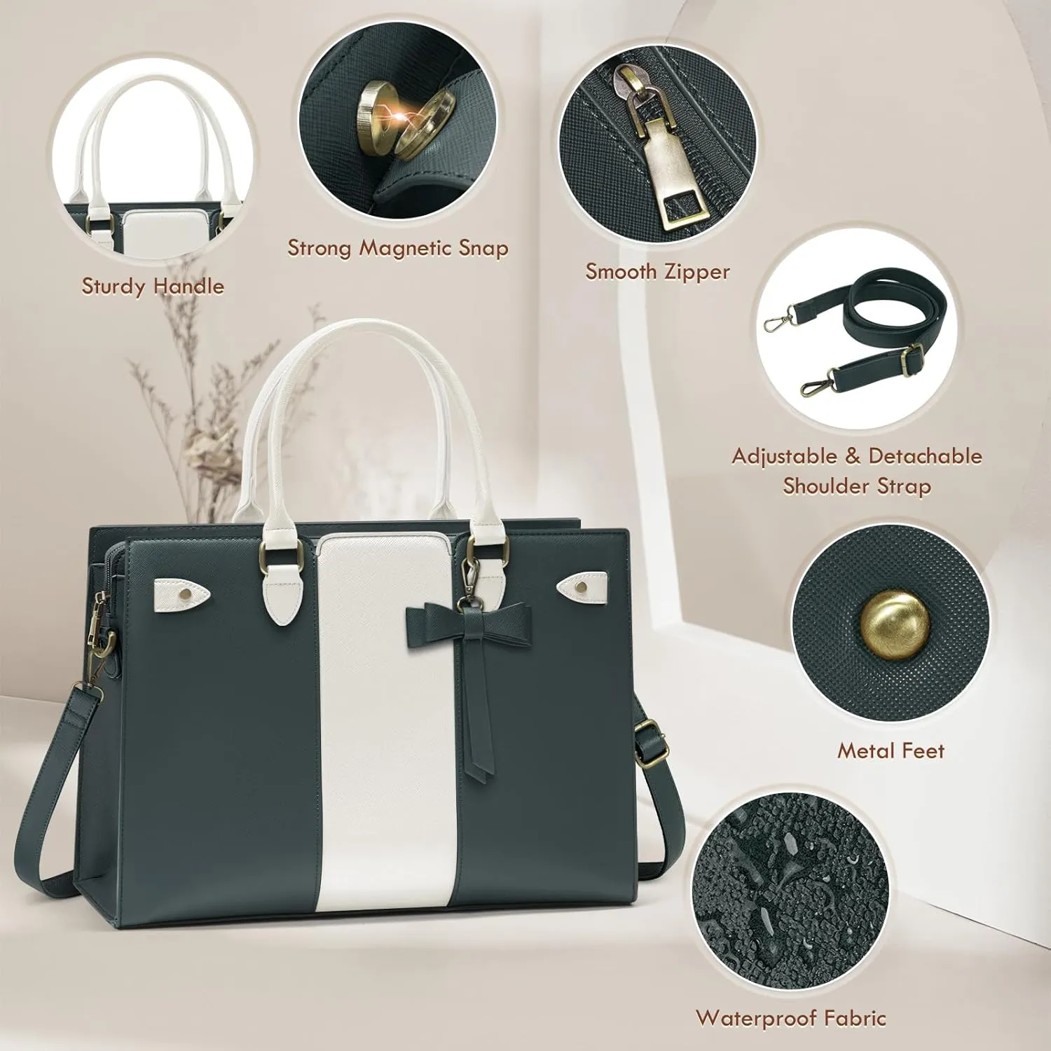 Laptop Bag for Women 15.6 Inch Laptop Tote Bag Waterproof Pu Leather Work Bag Computer Briefcase Office Teacher Handbag