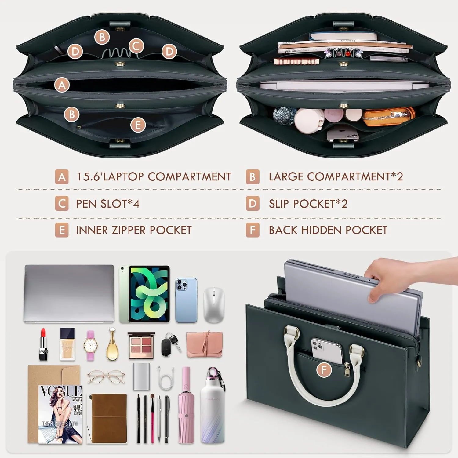 Laptop Bag for Women 15.6 Inch Laptop Tote Bag Waterproof Pu Leather Work Bag Computer Briefcase Office Teacher Handbag
