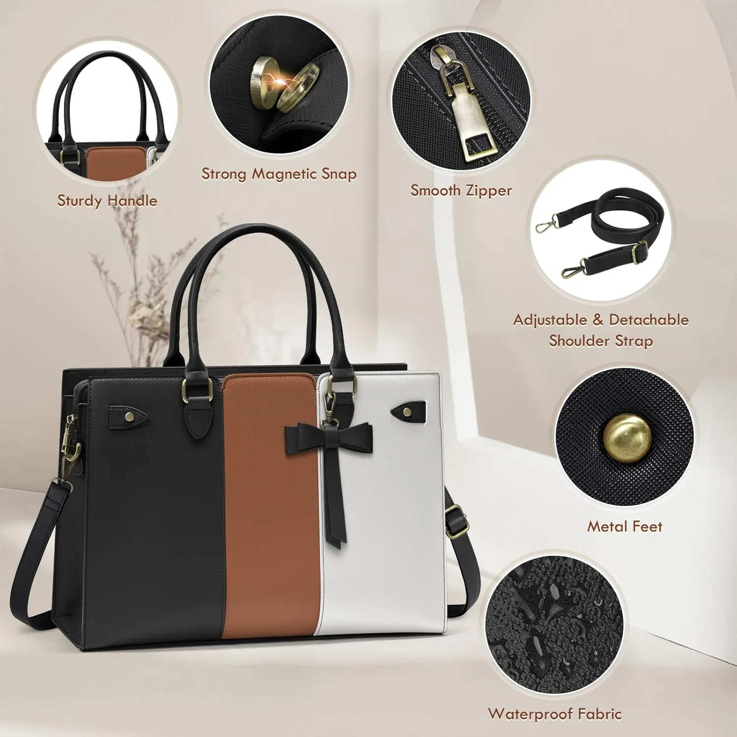 Laptop Bag for Women 15.6 Inch Laptop Tote Bag Waterproof Pu Leather Work Bag Computer Briefcase Office Teacher Handbag