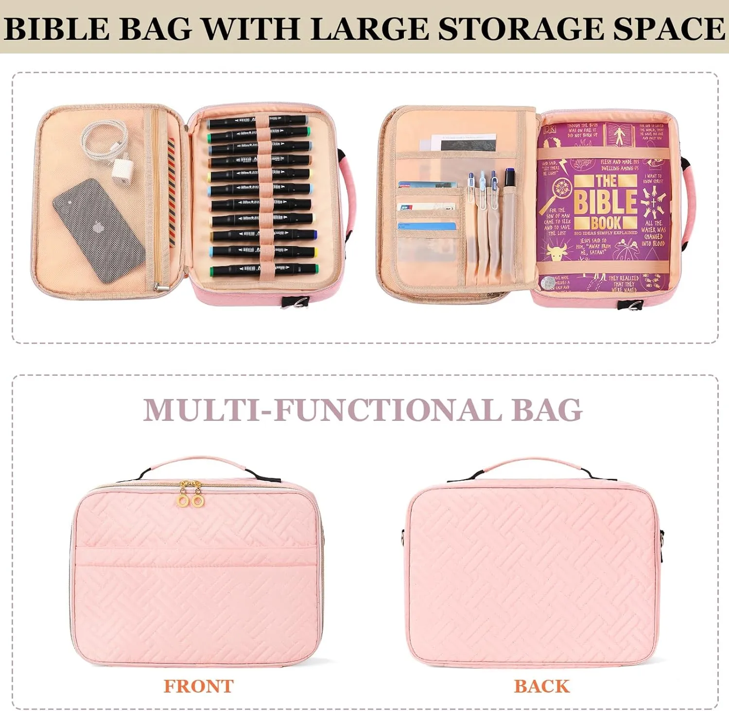 Large Bible Covers for Women, Bible Case for Girls with Bookmark, Bible Bags and Totes, Bible Carrying Case for Women,Bible Holder Carrier with Shoulder Strap (PINK)