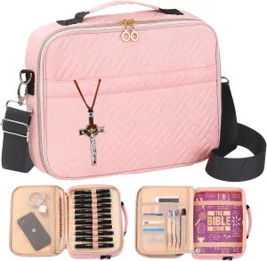 Large Bible Covers for Women, Bible Case for Girls with Bookmark, Bible Bags and Totes, Bible Carrying Case for Women,Bible Holder Carrier with Shoulder Strap (PINK)