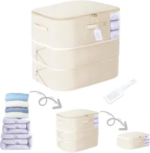 Large Capacity Comforter Storage Bags - 3-Layer Ultra Space Saving Self Compression Organizer, With Zipper Window, Washable and Tear Resistant, For Blanket, Pillow and Seasonal Storage, Beige