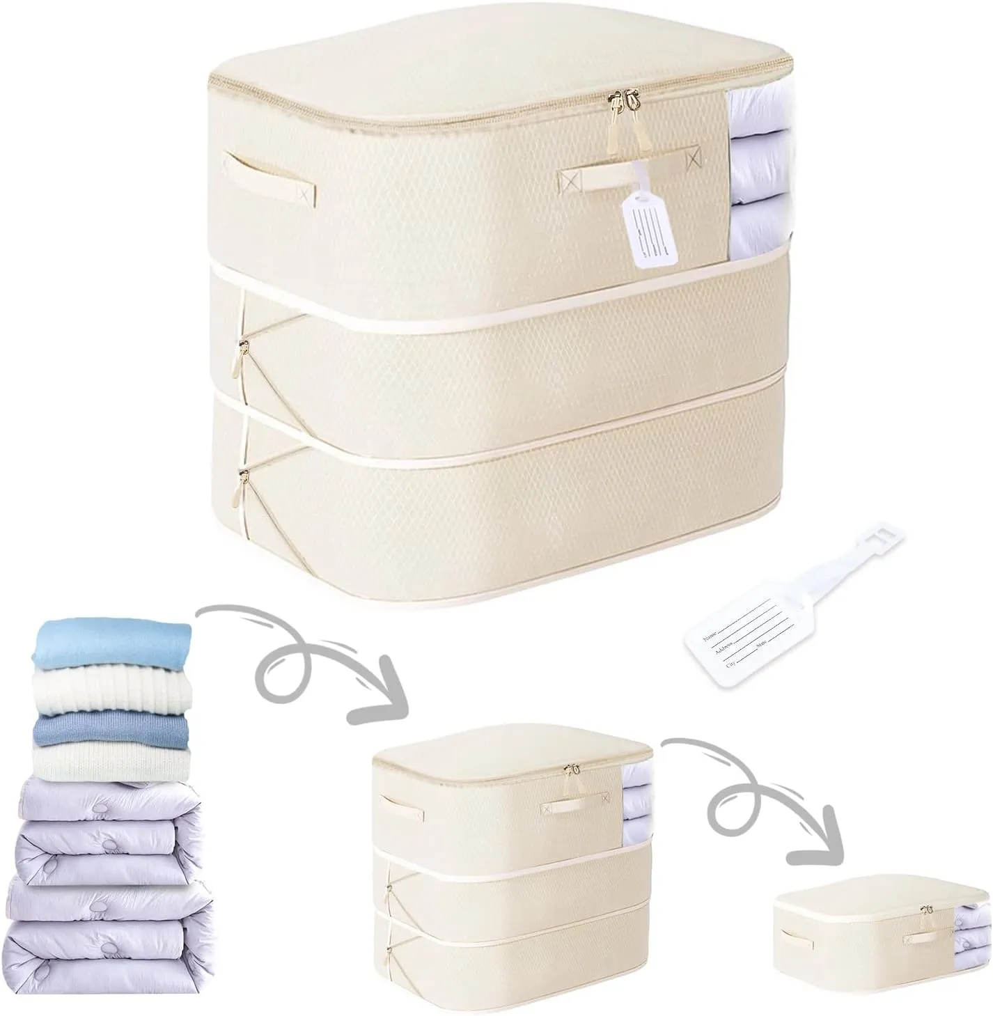 Large Capacity Comforter Storage Bags - 3-Layer Ultra Space Saving Self Compression Organizer, With Zipper Window, Washable and Tear Resistant, For Blanket, Pillow and Seasonal Storage, Beige