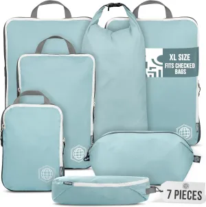 Large Compression Packing Cubes for Travel-Packing Cube Luggage Organizers 7 Piece Set for Checked Luggage-Ultralight, Expandable/Compression Bags by TRIPPED Travel Gear (DustyTeal/White)