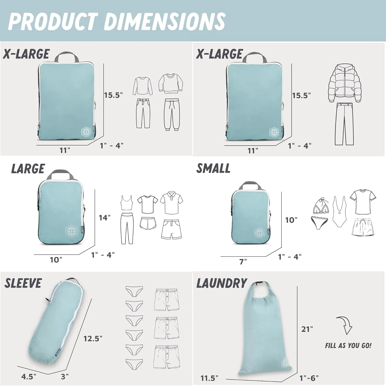Large Compression Packing Cubes for Travel-Packing Cube Luggage Organizers 7 Piece Set for Checked Luggage-Ultralight, Expandable/Compression Bags by TRIPPED Travel Gear (DustyTeal/White)